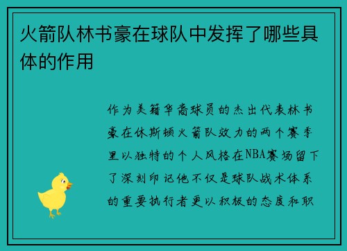 火箭队林书豪在球队中发挥了哪些具体的作用